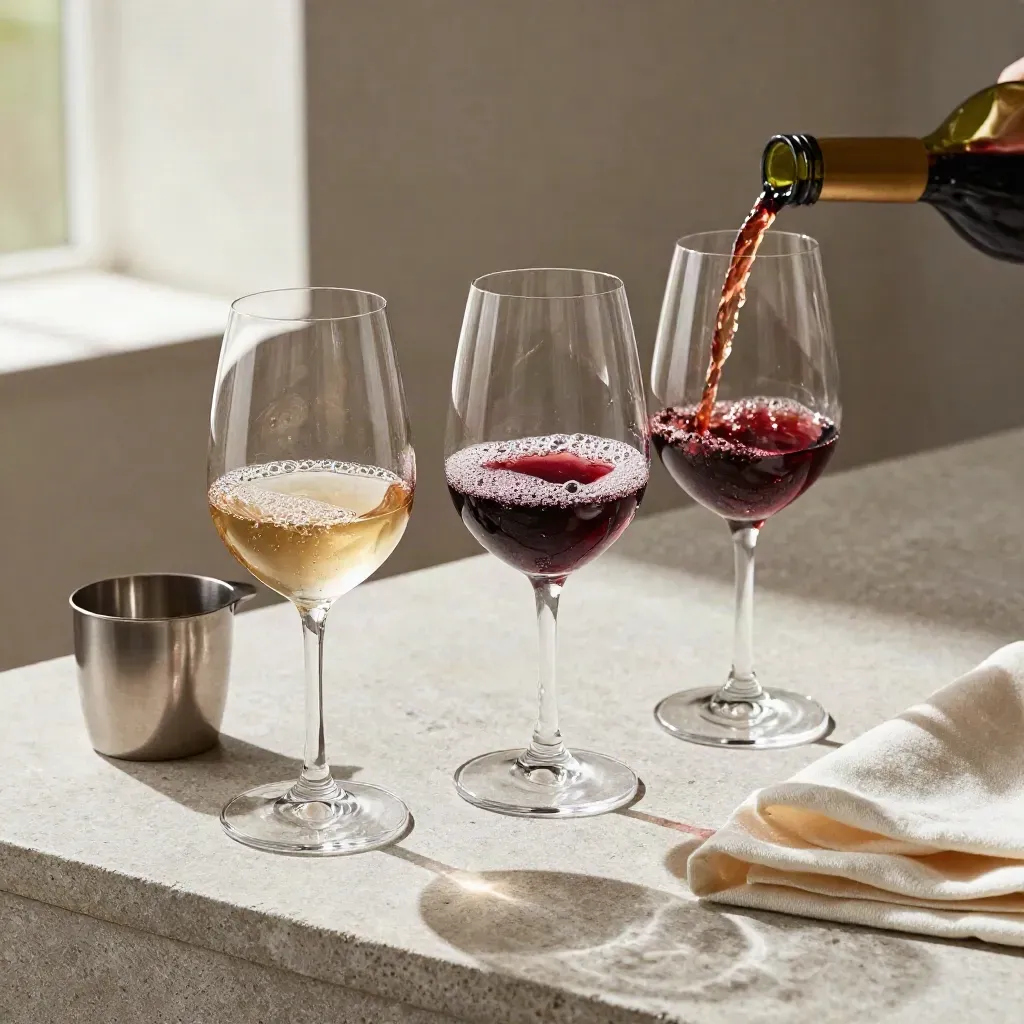 Tre calici di degustazione con vini che si assestano su un banco di pietra, con sputacchiera e panno piegato.