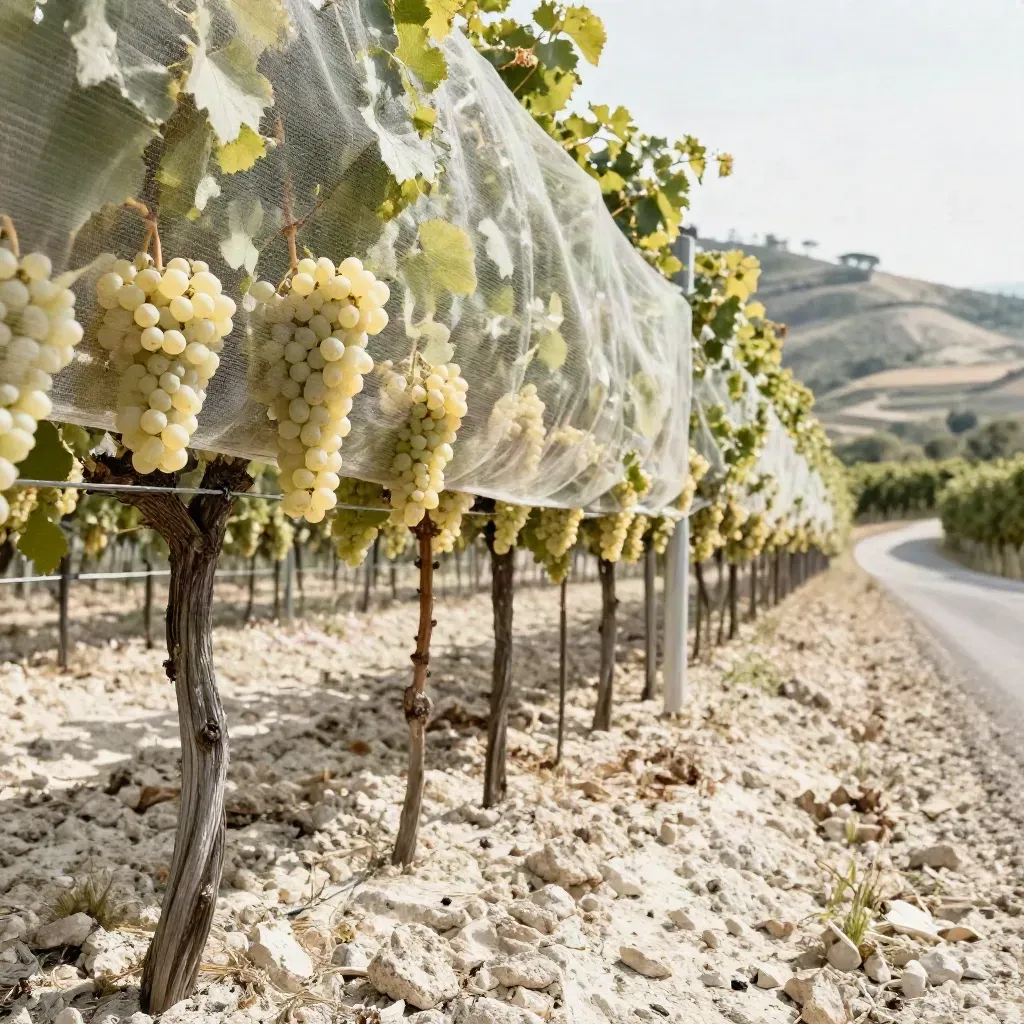 Grappoli d’uve bianche friulane sotto rete, tra filari e collina calcarea in luce mattutina.