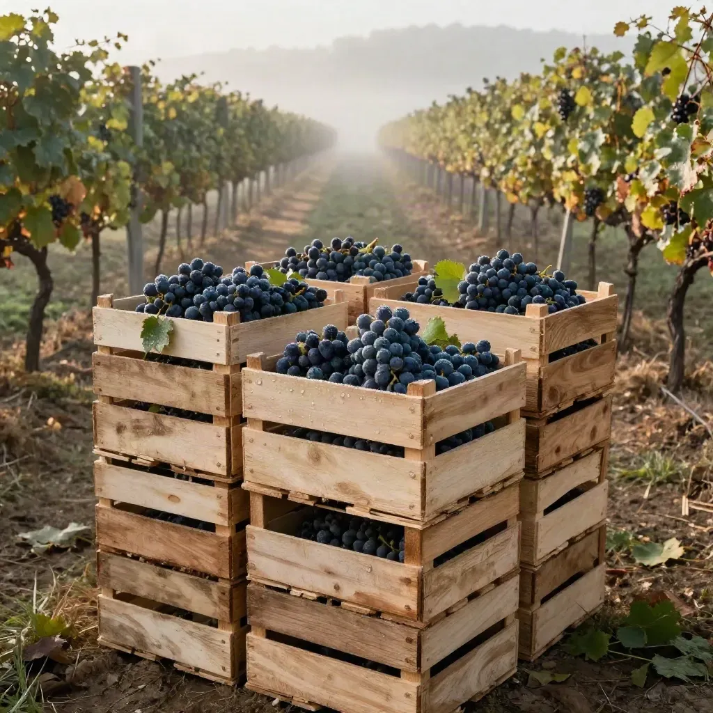Cassette da vendemmia tra i filari all’alba, con uva bagnata di rugiada e nebbia.