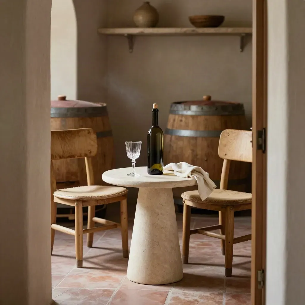 Angolo degustazione in cantina con due sedie, bottiglia aperta e due calici in luce soffusa.
