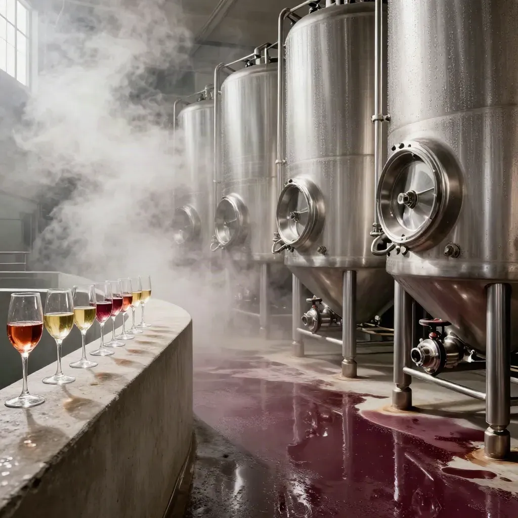 Vasche di fermentazione in cantina con bicchieri campione su pavimento bagnato e vapore.