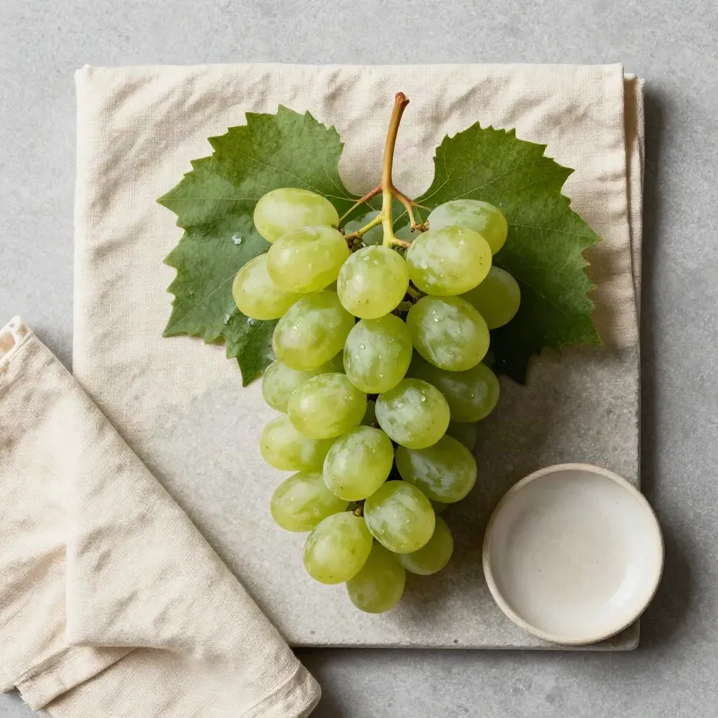 Foglia di vite e grappolo d'uva su pietra con panno crema e ciotola ceramica.